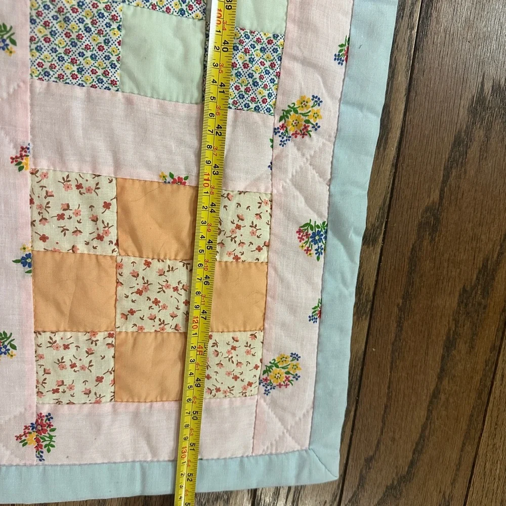 Handmade 9 Patch Pattern Baby Girl Quilt 36.6x52.5” Floral Bunnies Rooster
